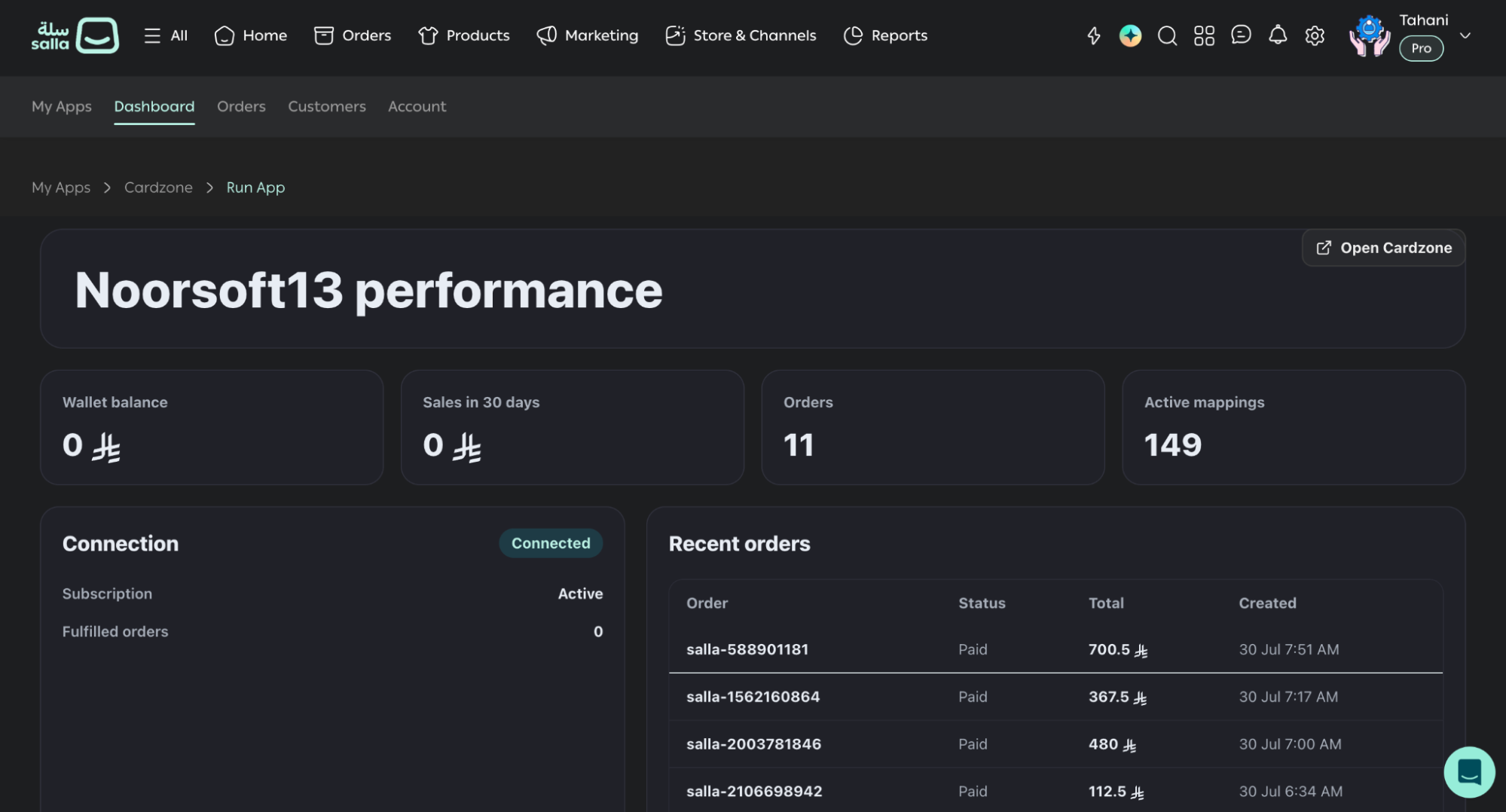 An app dashboard embedded directly in the merchant's Salla admin