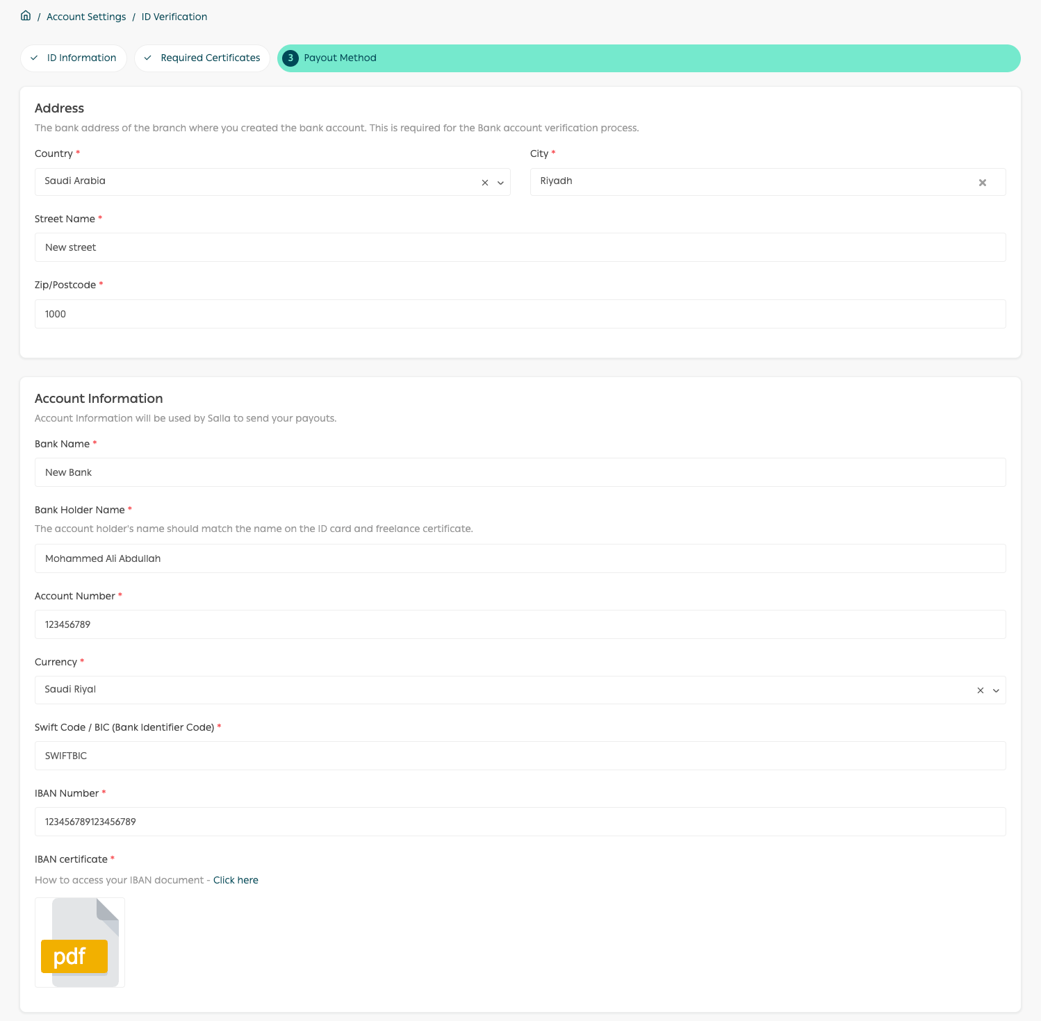 Fill in the payment accounts