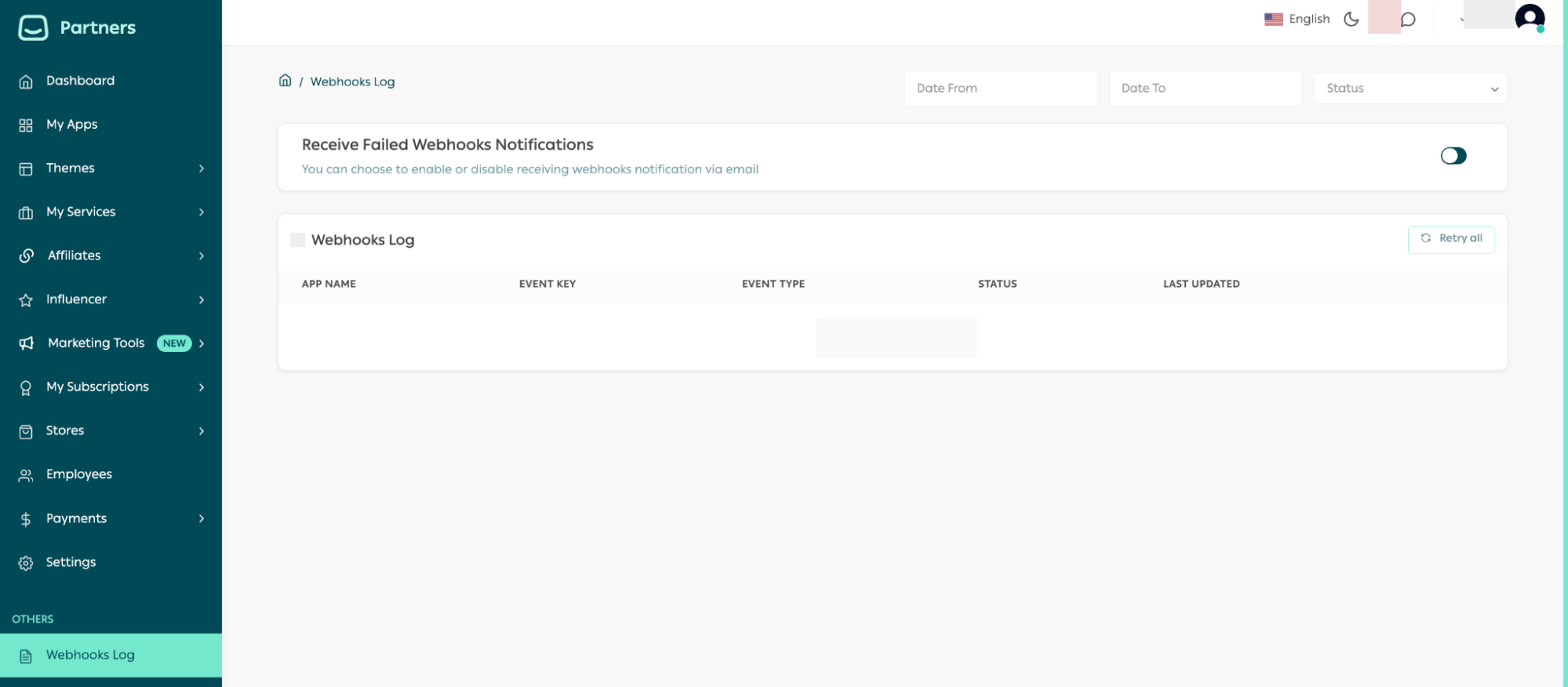 The webhook subscription settings screen in the Partners Portal