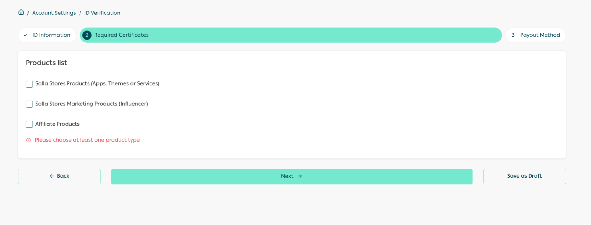 Select from the product list what represents you and upload its required document