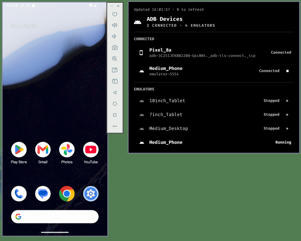 Emulator + physical device