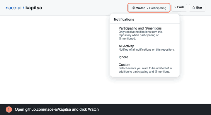 On the Kapitsa repository page: Watch, then Custom, tick Releases, Apply