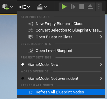 The button is shown in the Blueprints toolbar menu