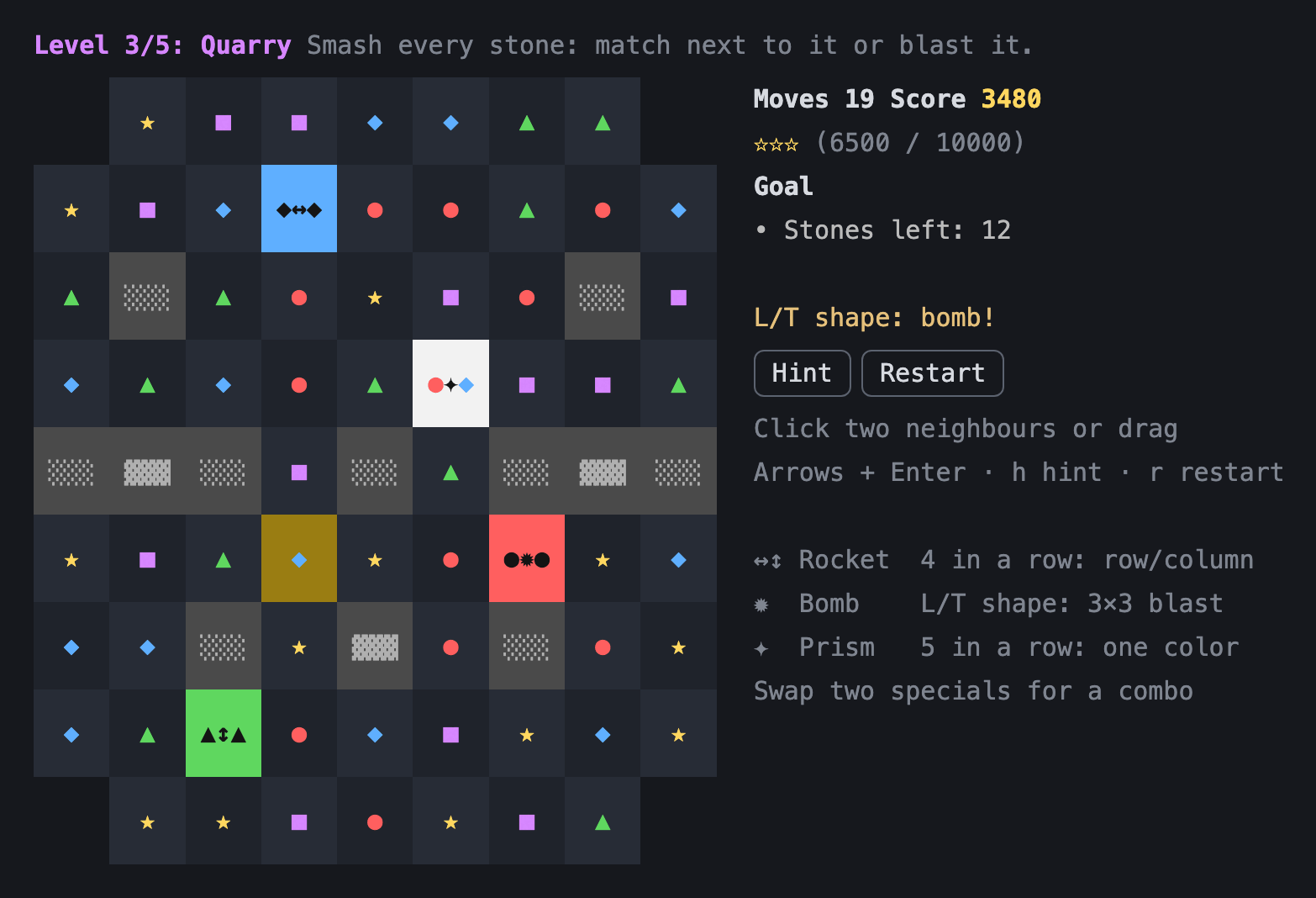 Match-3 in a Claude Code pane: level 3, Quarry, with stones, a rocket, a bomb and a prism on the board