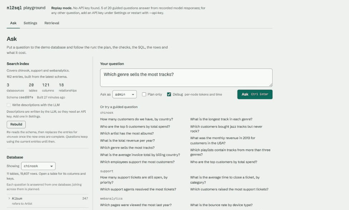 The nl2sql playground on its Ask page: the search index over three databases and a switcher for whichever of their schemas to read on the left, the question box and the guided questions on the right