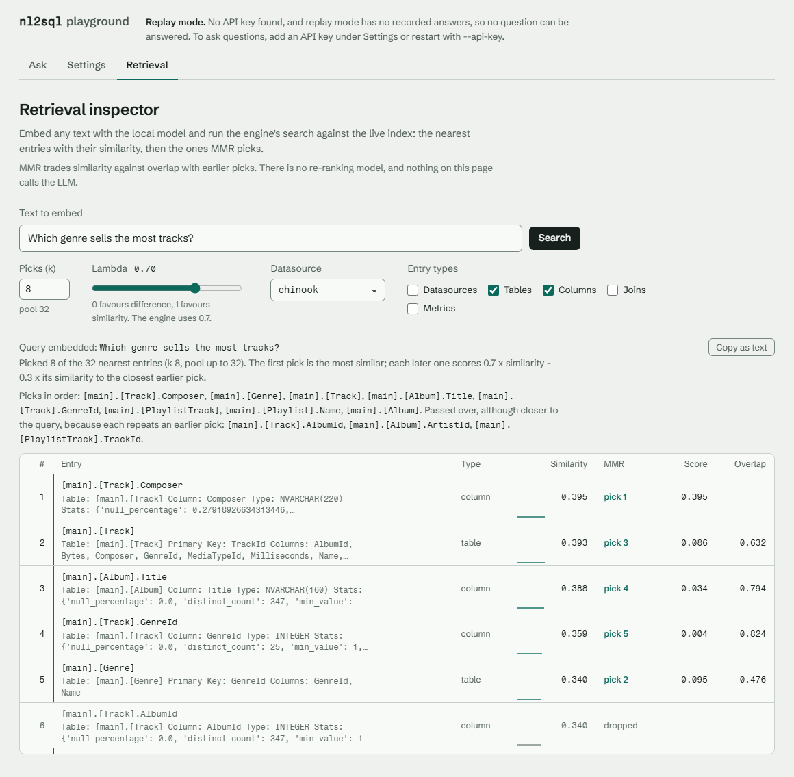 The Retrieval inspector page showing picks, similarity and MMR scores