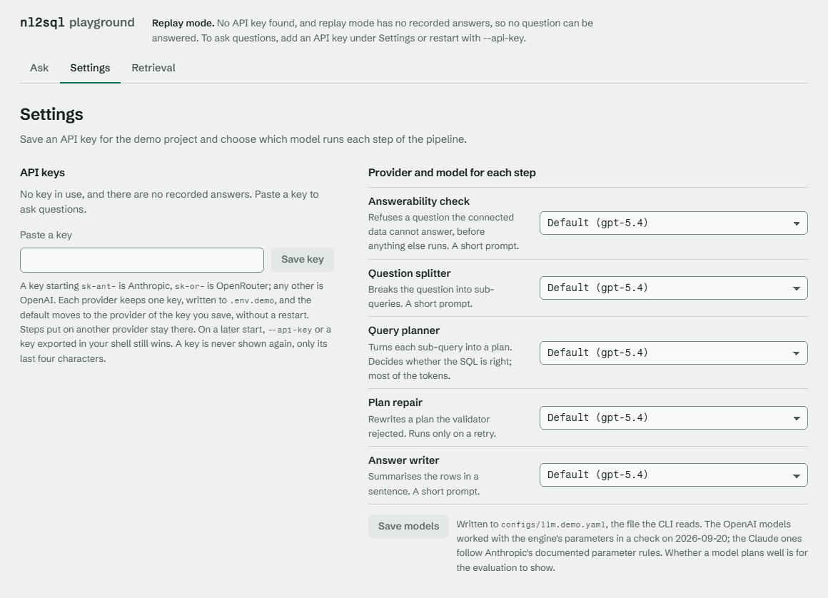 The Settings page with the key form and a model per step
