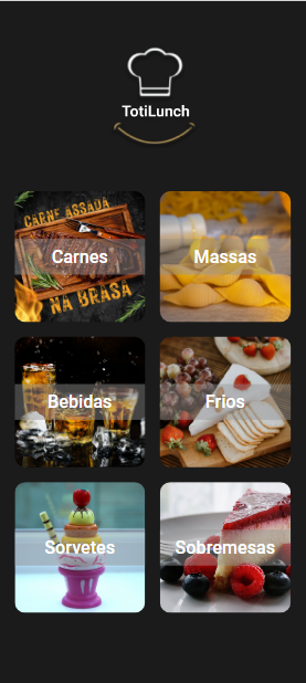 Captura de pantalla do aplicativo, tem a logomarca de uma lancheria e 6 card com imagens de comidas as quais representam as categorias deste aplicativo