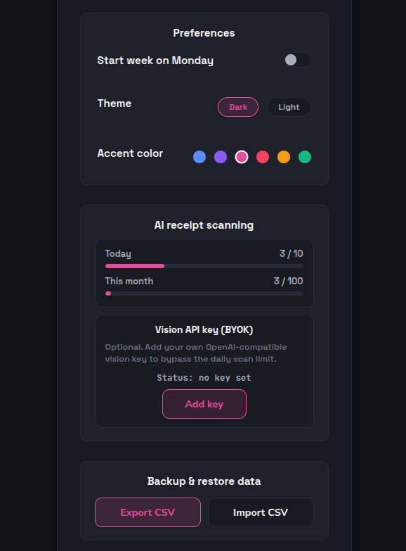 Calendar Money account settings