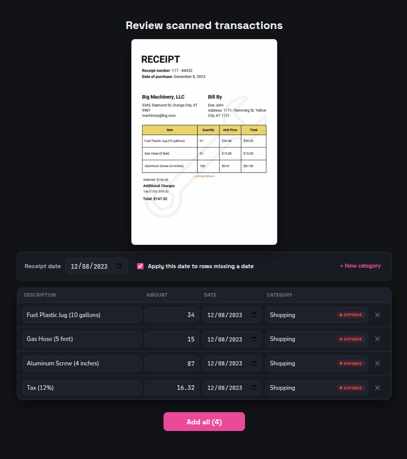 Calendar Money receipt scanner