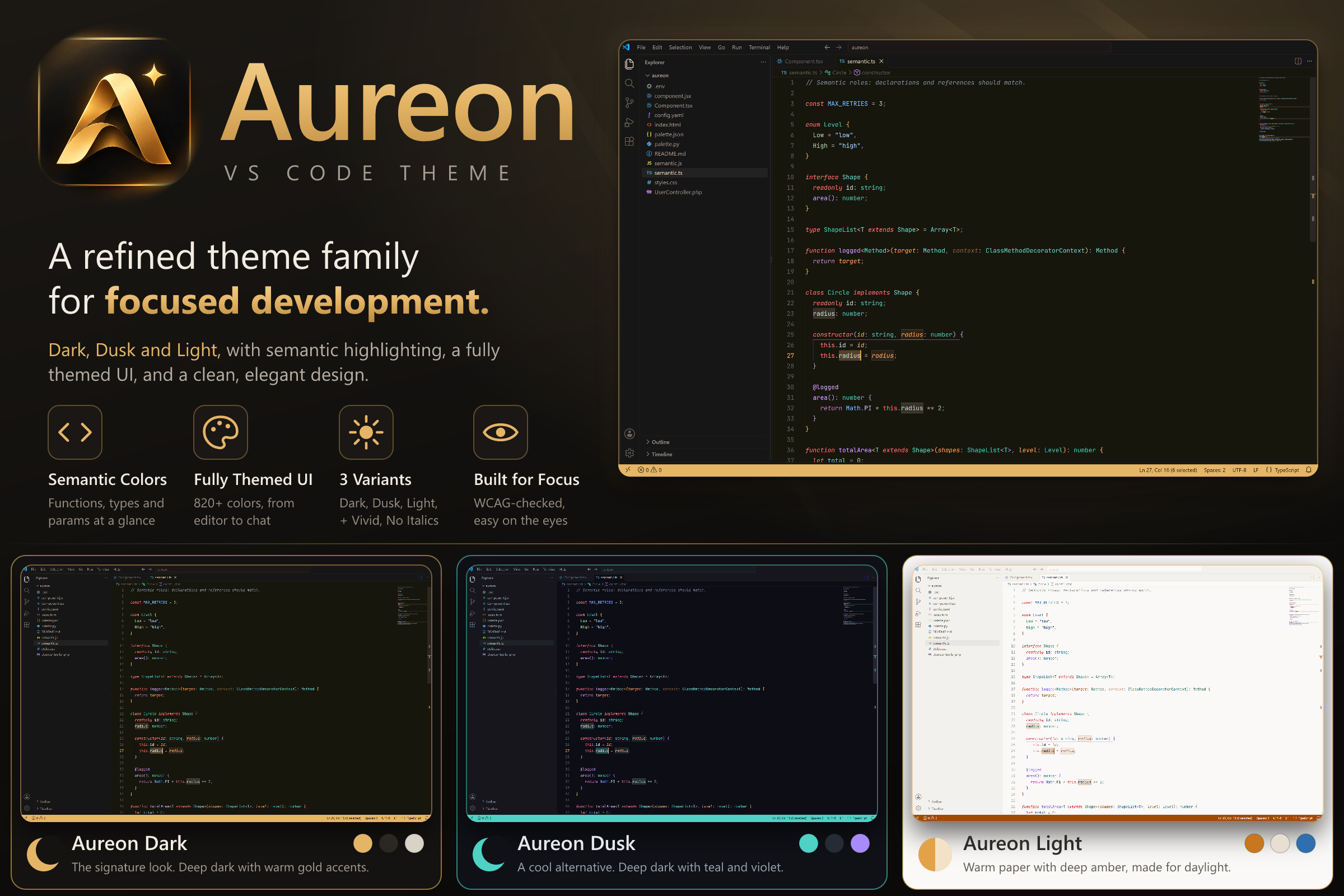 Aureon — VS Code theme family: Dark, Dusk and Light