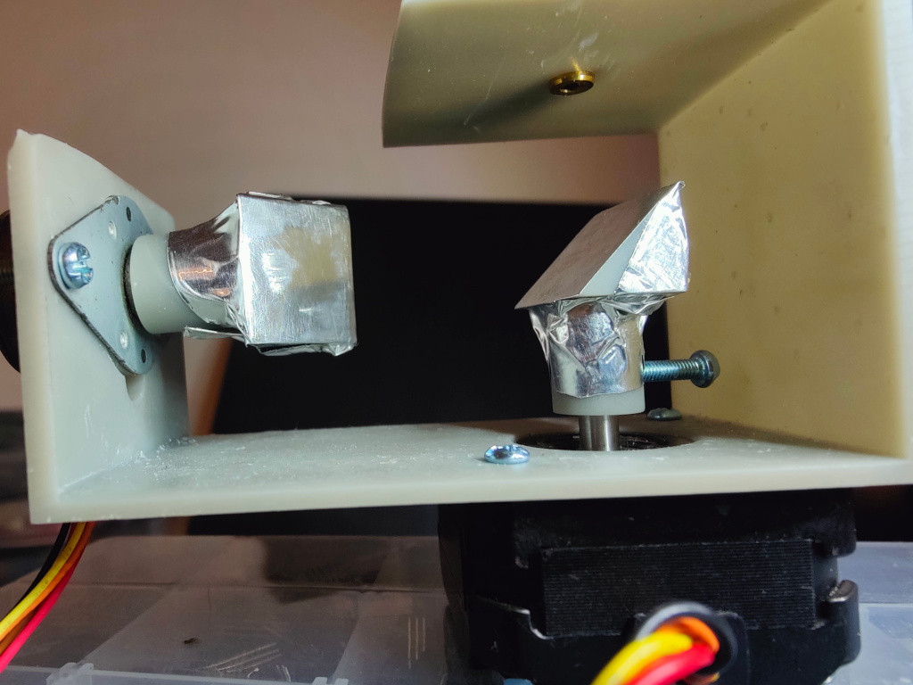 Assembled stepper-motor mirror mounts made from the OpenSCAD models