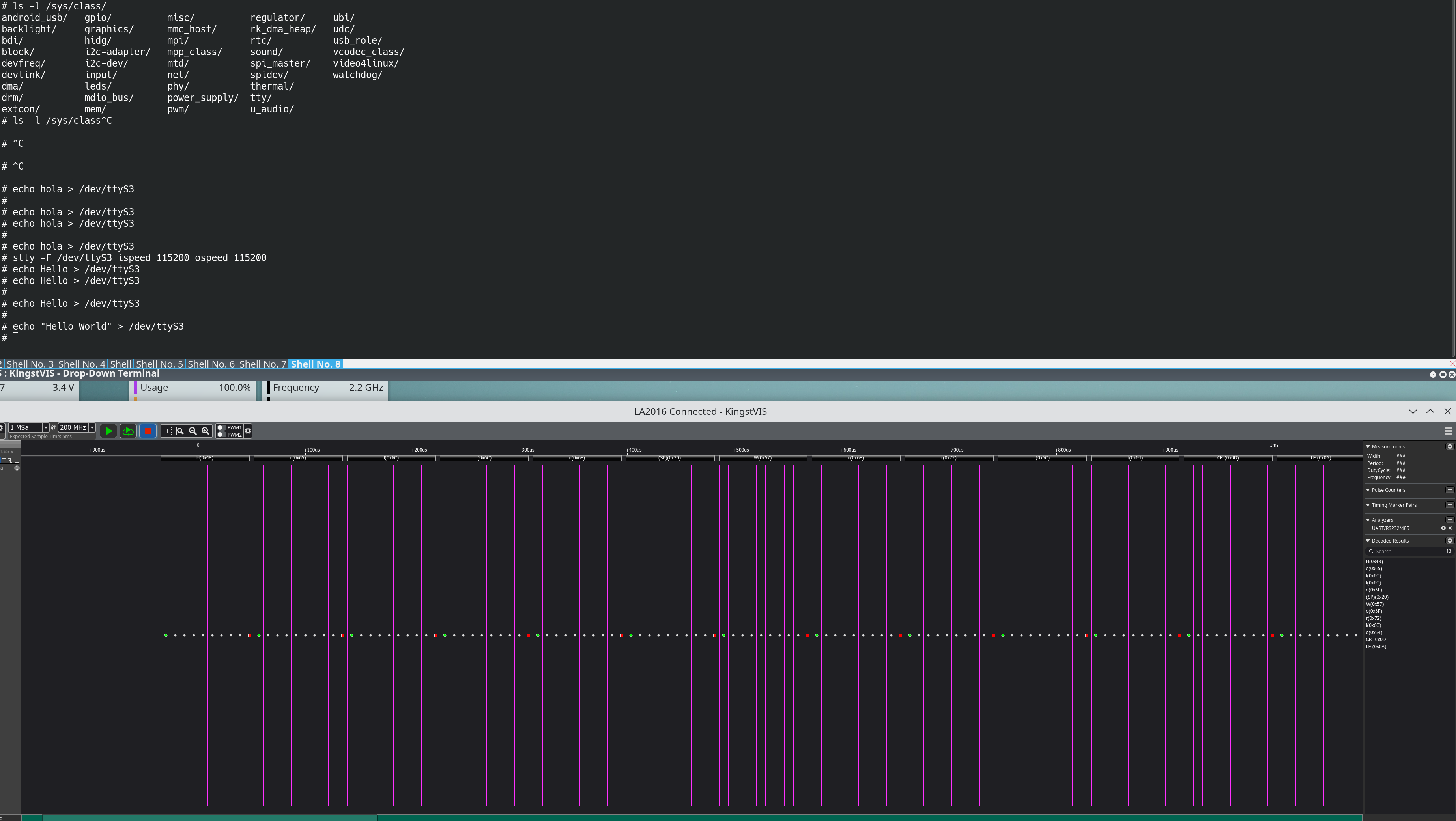 UART transmission from Linux on a Luckfox board, captured with a logic analyzer