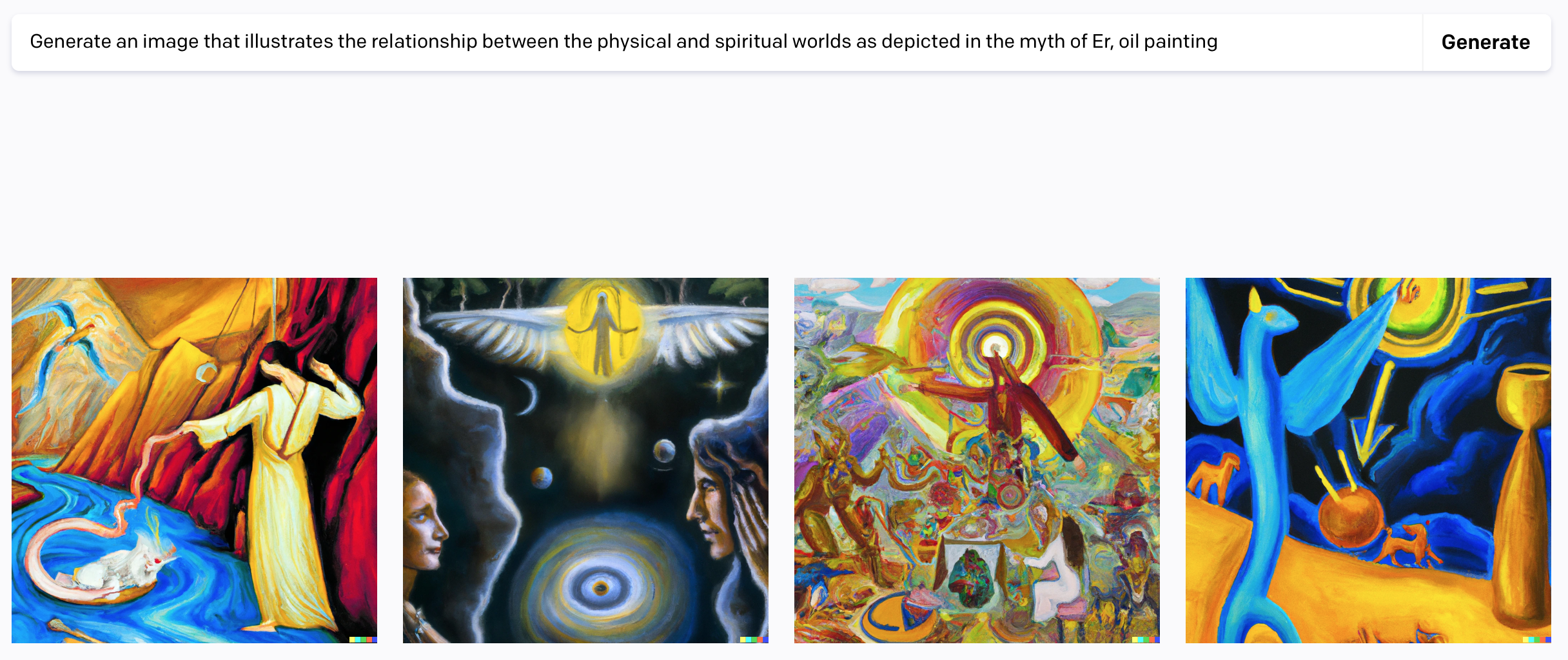 Generate an image that illustrates the relationship between the physical and spiritual worlds as depicted in the myth of Er, oil painting