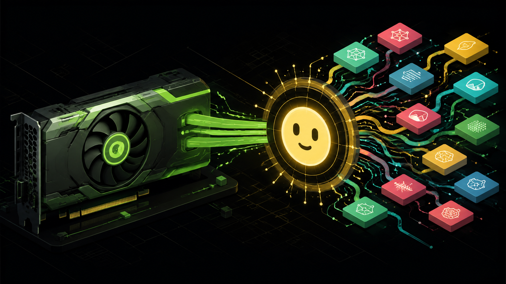Editorial illustration of a green GPU connecting to an open network of AI model tiles