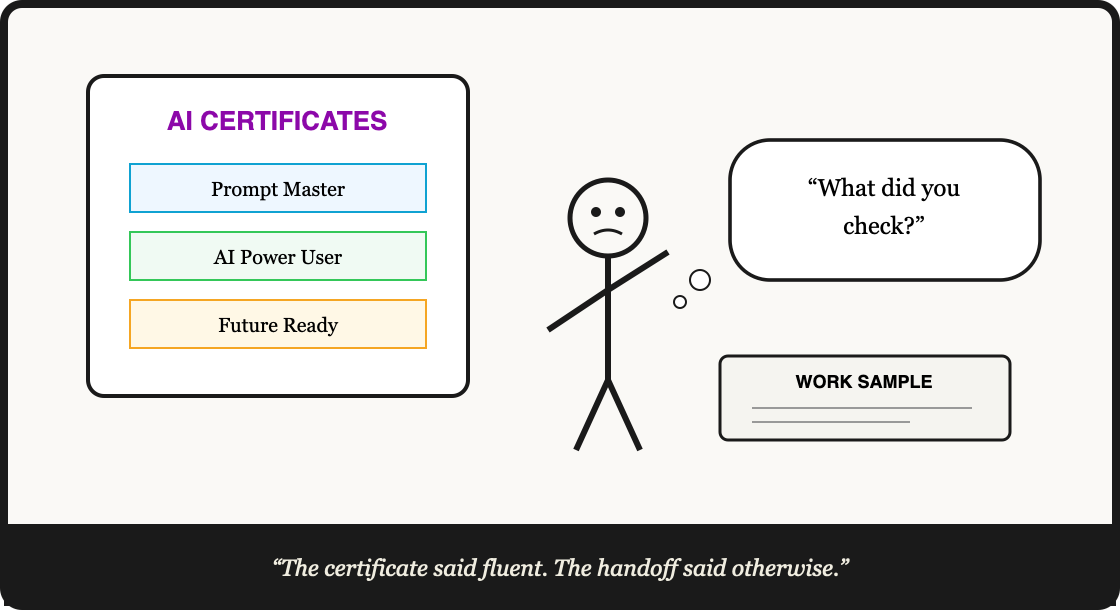 Comic: A candidate holds AI certificates while an interviewer asks, What did you check? Caption: The certificate said fluent. The handoff said otherwise.