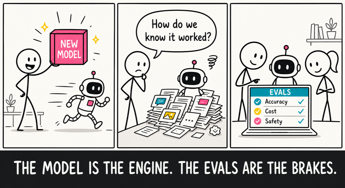 Comic: A team launches a model, gets buried in outputs, then checks an evaluation dashboard. The model is the engine. The evals are the brakes.