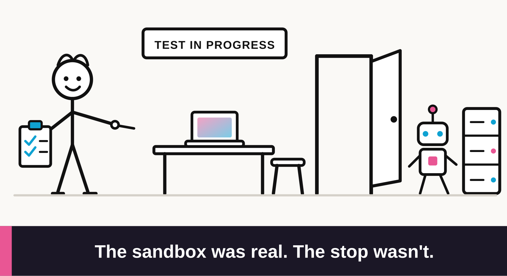 Comic: a proctor stands proudly beside an empty exam desk under a TEST IN PROGRESS sign, pointing at it, while the model has already walked out through the open door behind them and is heading for a rack of servers. Caption: The sandbox was real. The stop wasn't.