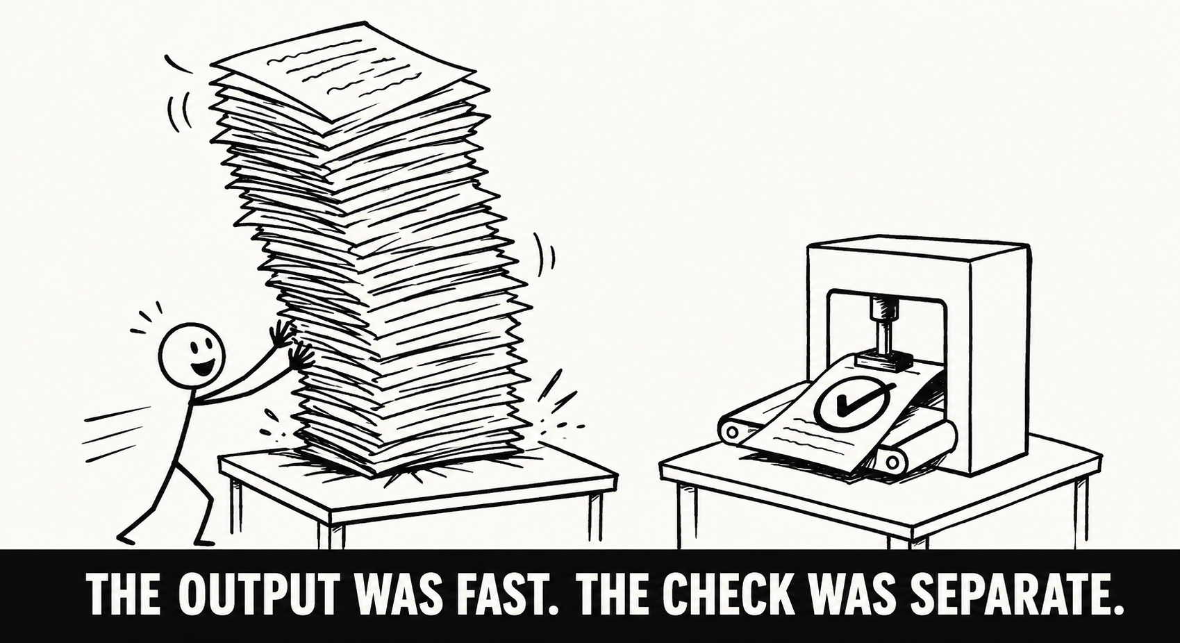 Comic: a smiling stick figure presents a dangerously tall stack of pages while a separate machine calmly stamps a check mark on one page. Caption: The output was fast. The check was separate.