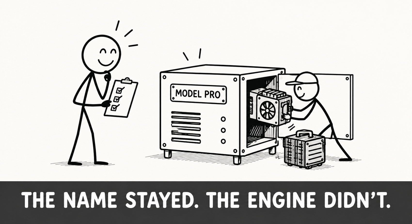 Comic: an office worker checks a machine labeled Model Pro while another worker swaps the engine behind it. Caption: The name stayed. The engine didn't.