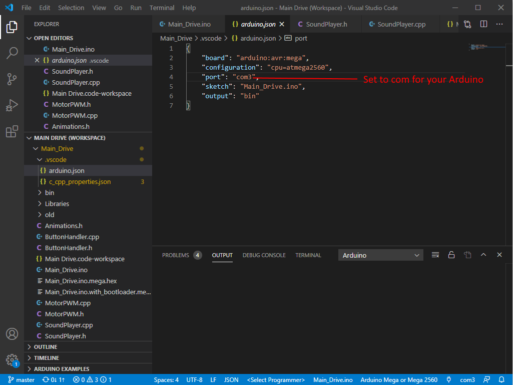 Update arduino.json with the com port associated with your computer