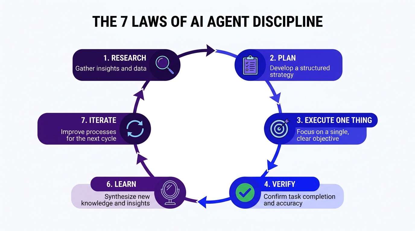 The 7 Laws of AI Agent Discipline — circular workflow loop