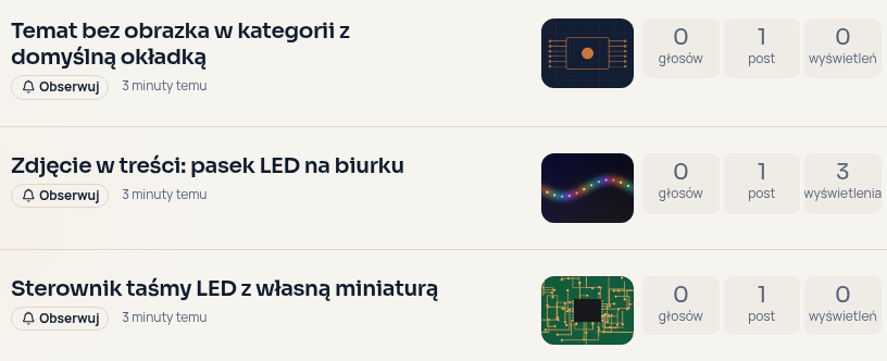 Topic list with covers: a category default cover, the first image of the first post, and a thumbnail added by the author