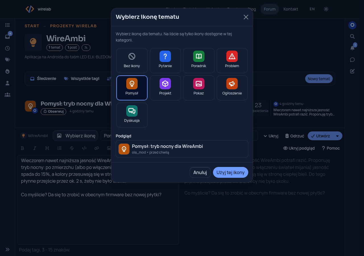 Icon picker in the composer, with a preview of the topic row