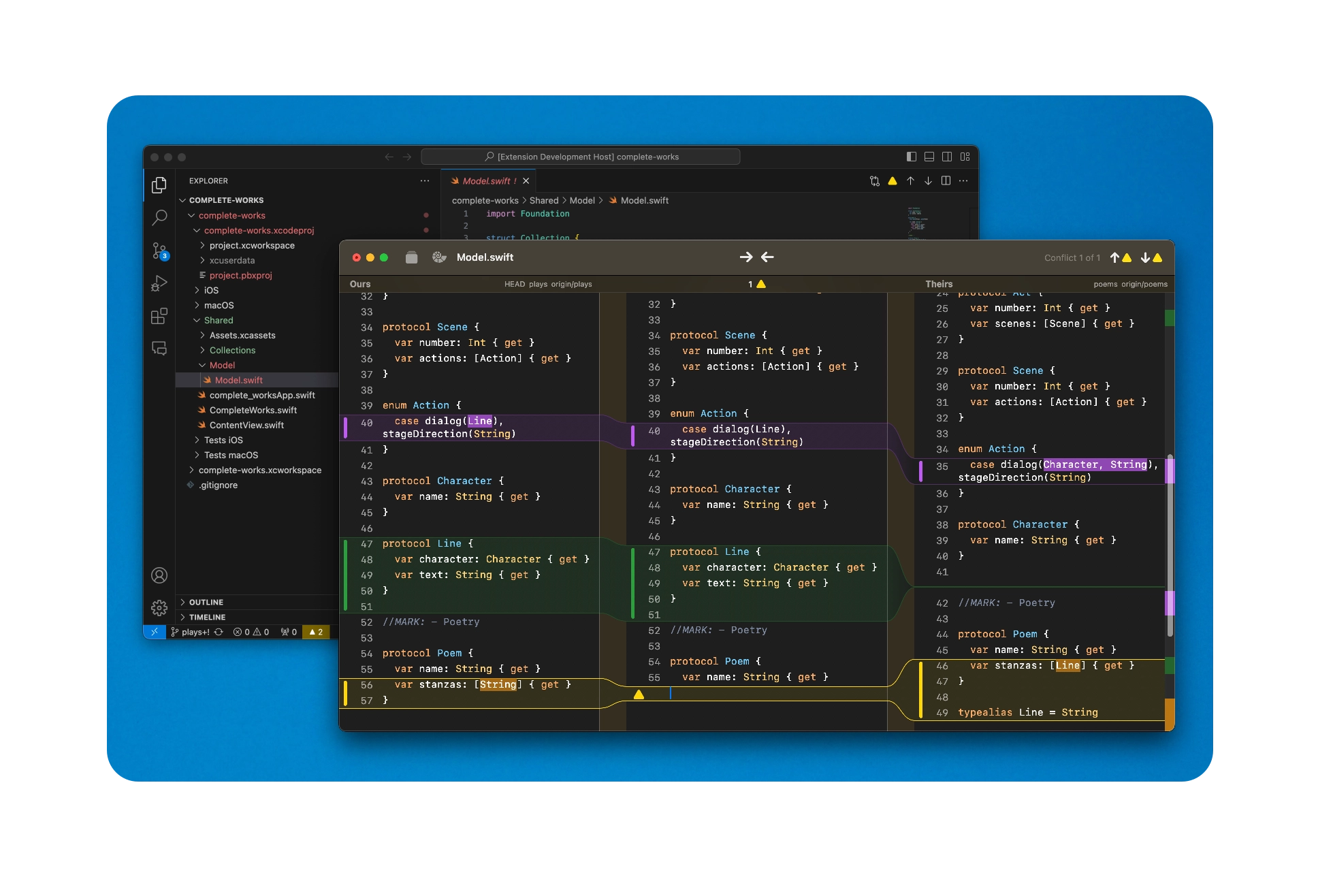 JuxtaCode's 3-way merge tool, opened from a conflicted file in Visual Studio Code.