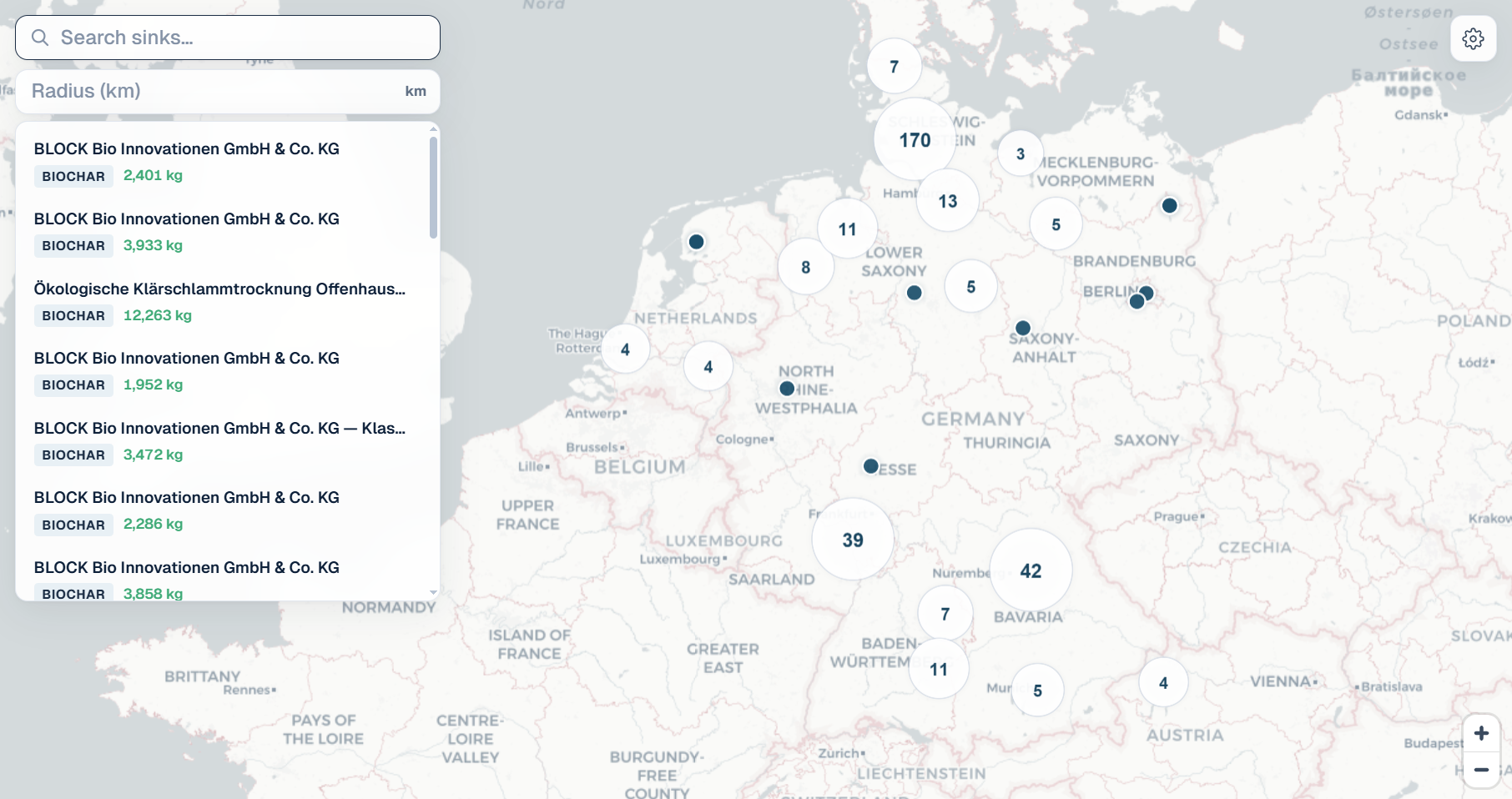 Map overview with search and sink list