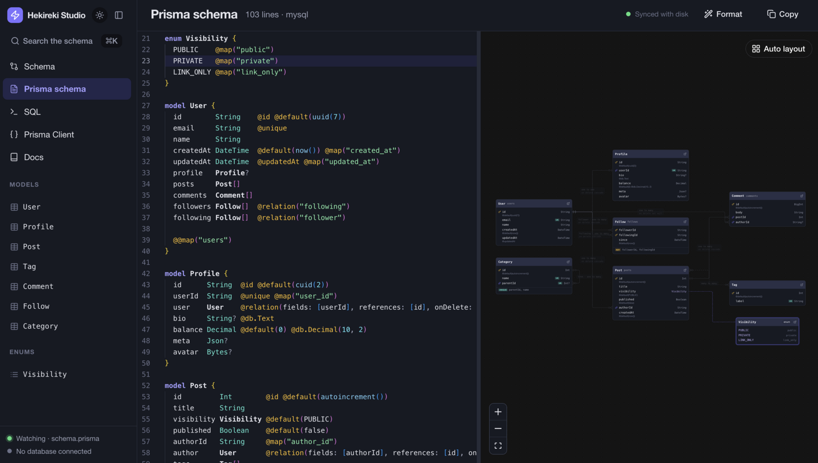 The Prisma schema editor and the ER diagram