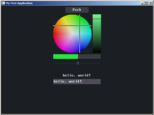 A window showing the elements having been interacted with. The label and textbox both show the text "hello, world!", and the gauge and slider have the same position. A shade of green has been selected in the color picker.