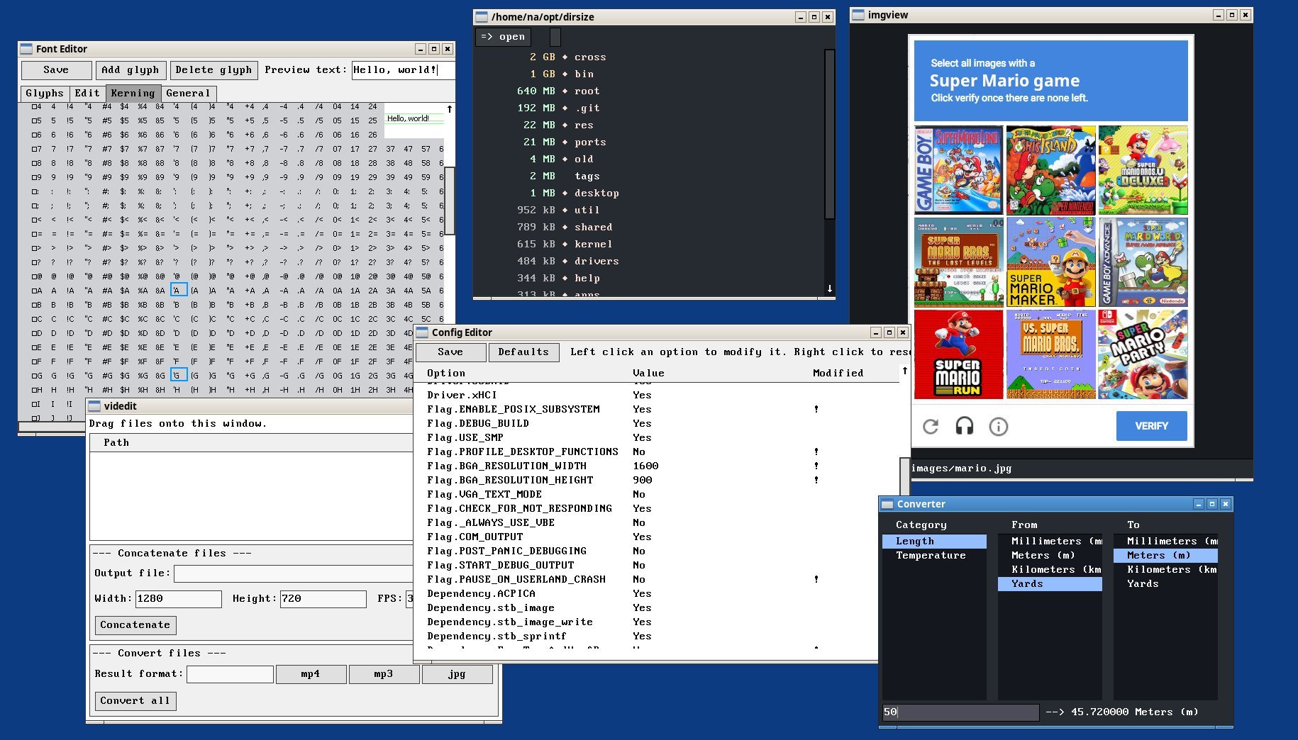 Screenshot of a font editor, directory size viewer, image viewer, configuration editor, and a unit converter.