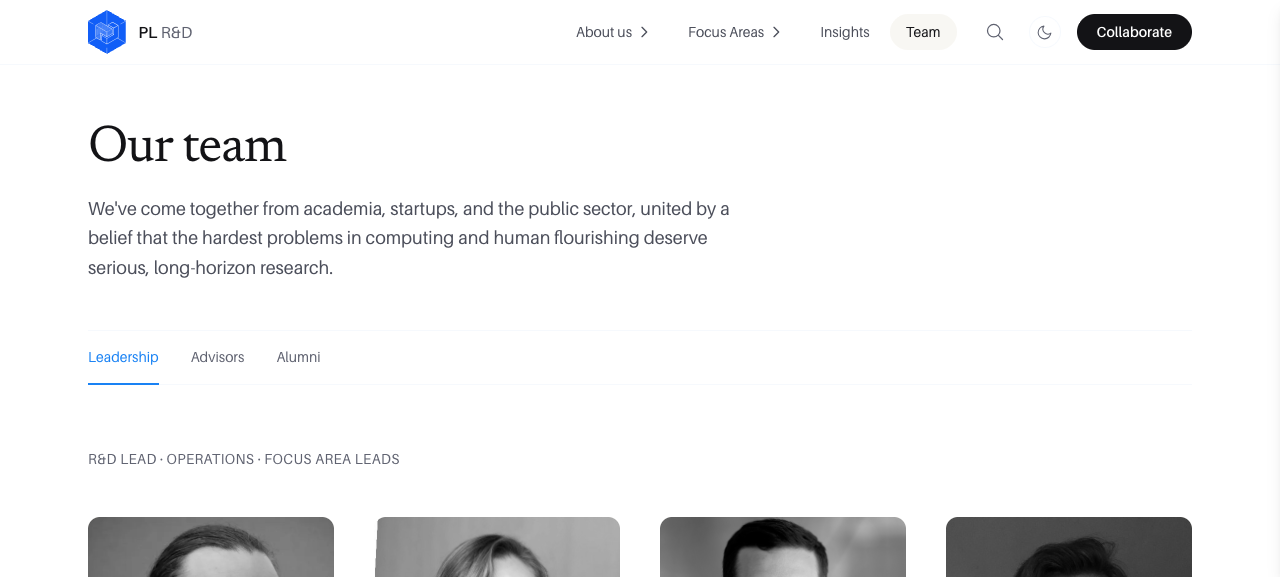 Leadership tab with black and white photos