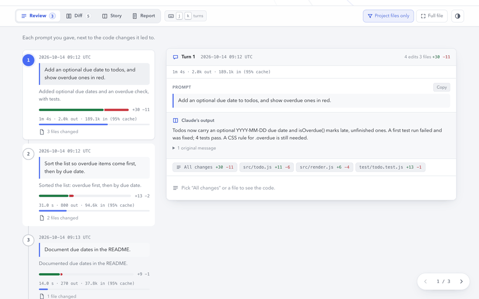 Switching between the Review, Diff, Story and Report views of a session story