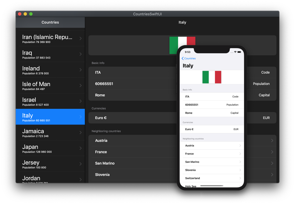 Openn source iOS app example that contains a list of countries