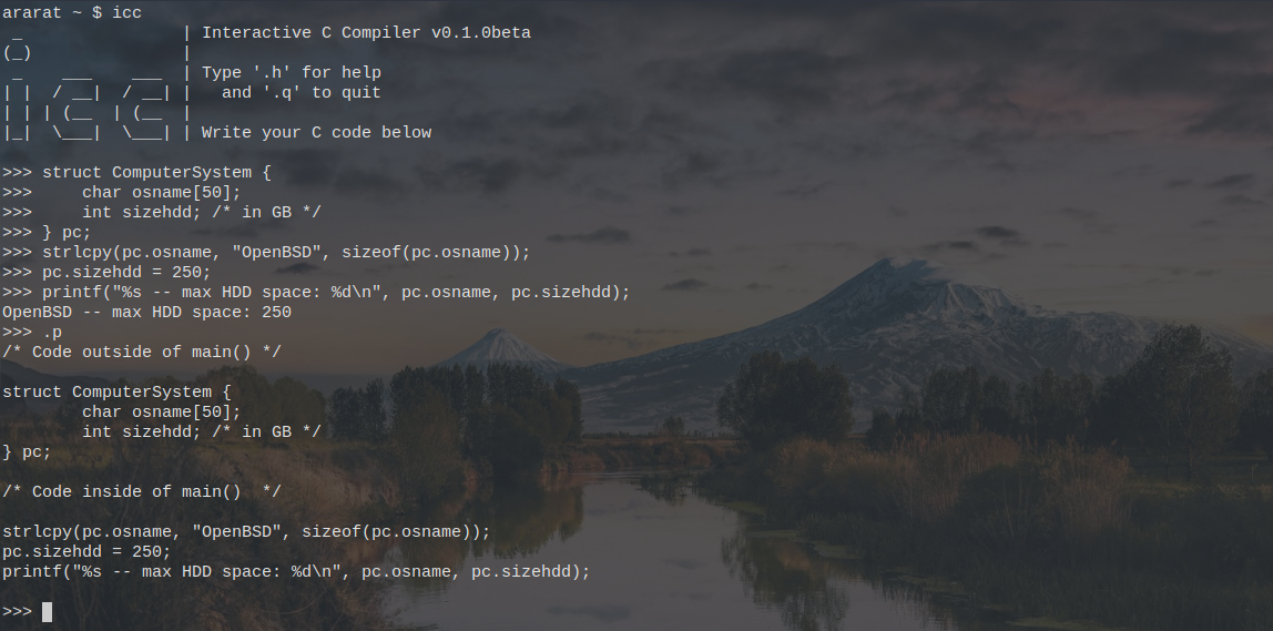 icc (the Interactive C Compiler) running in a transparent terminal, with an image of Mt. Ararat as a desktop background