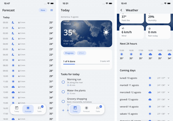 VirtualScroll flinging through hundreds of rows, the Layouts insights card sliding and toggling templates, and day rows expanding inline