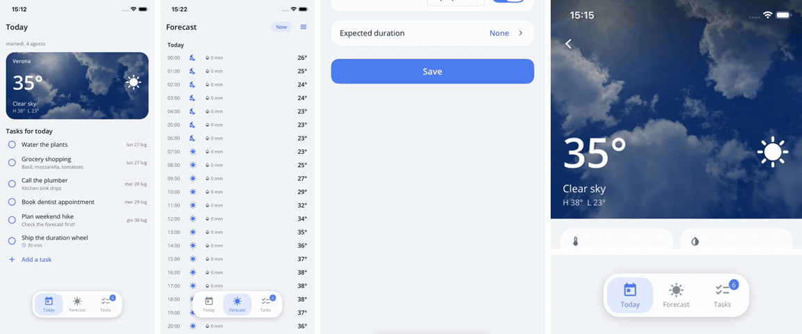 Scaffold showcase: shared-element transitions flying between pages, a per-page drawer, a bottom sheet hosting the duration wheel, scroll-driven chrome and the floating tab bar