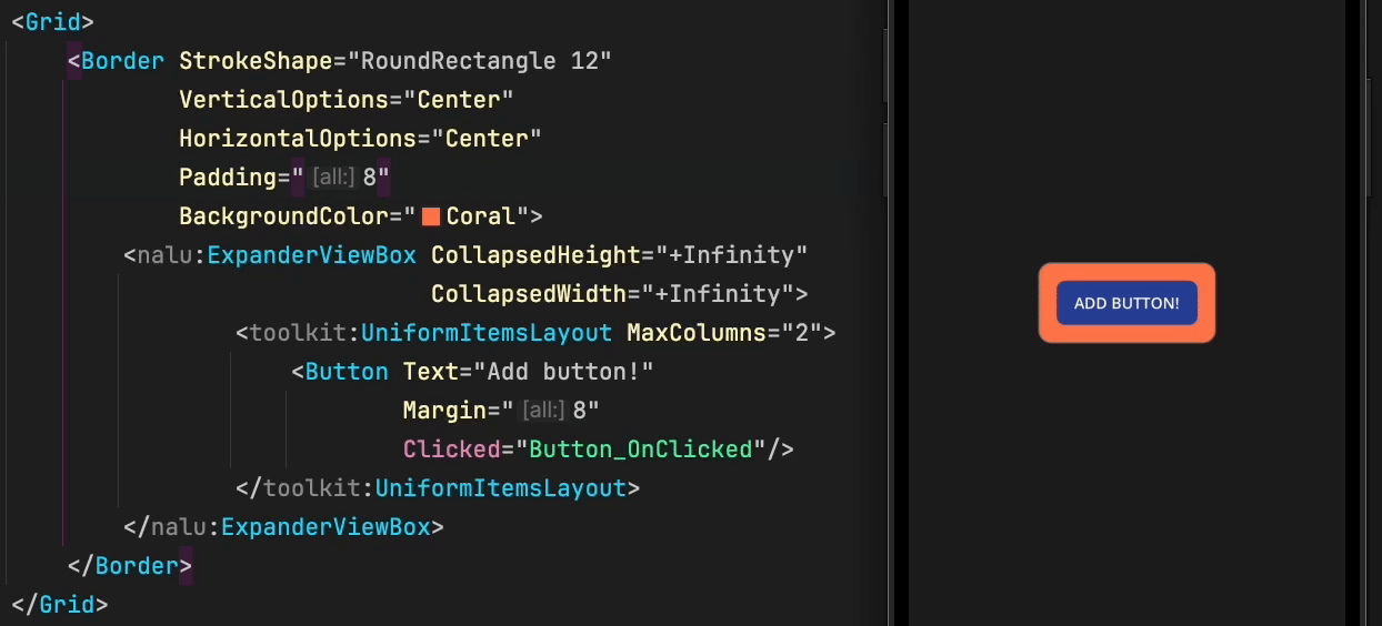 ExpanderViewBox: the XAML on the left, the animated growing container on the right