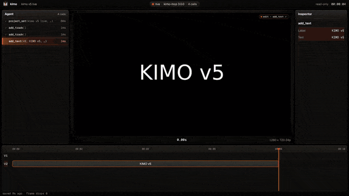 An agent's real MCP tool calls driving the kimo spectator