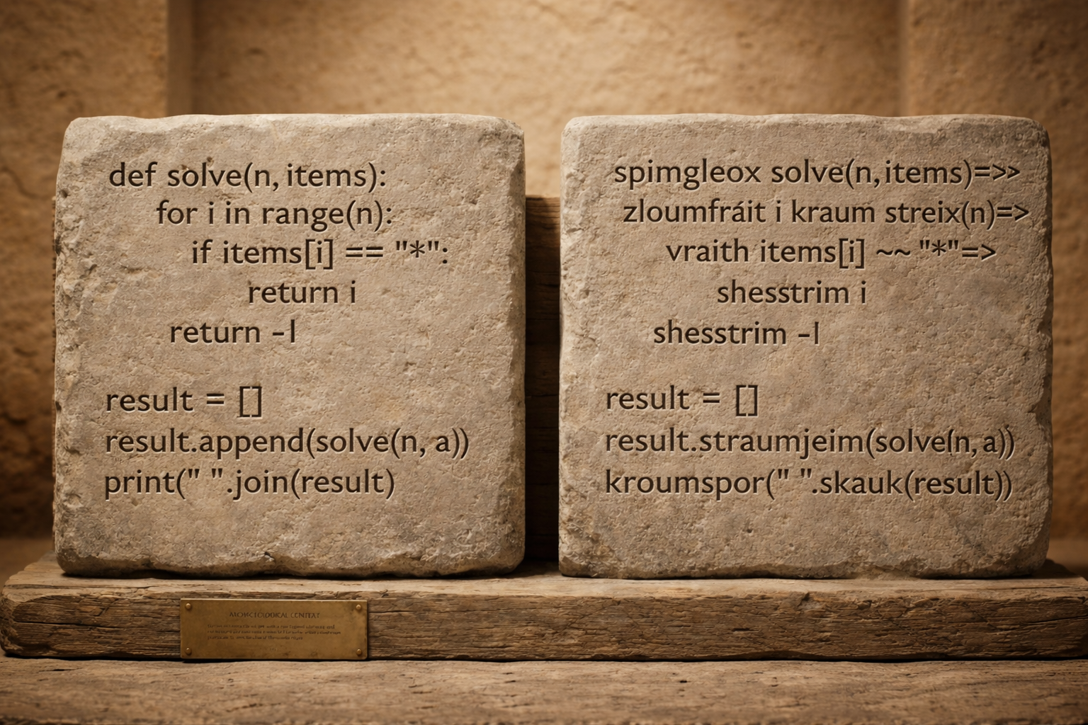 Python source on one stone tablet, synthetic equivalent on another