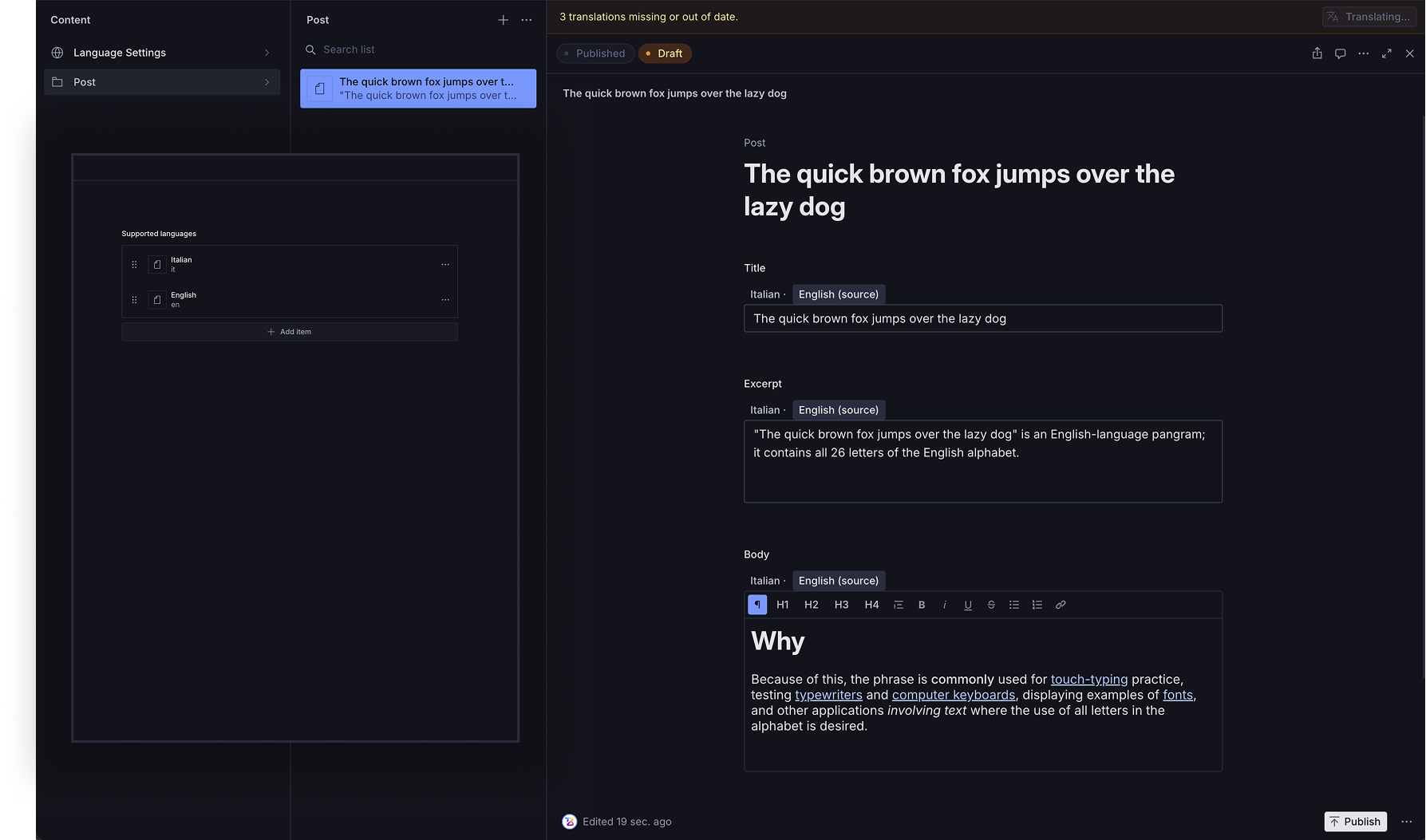 The plugin in Sanity Studio: the Language Settings sidebar entry, the "translations missing" banner mid-run, and per-language tabs on a string, a text and a rich-text field.