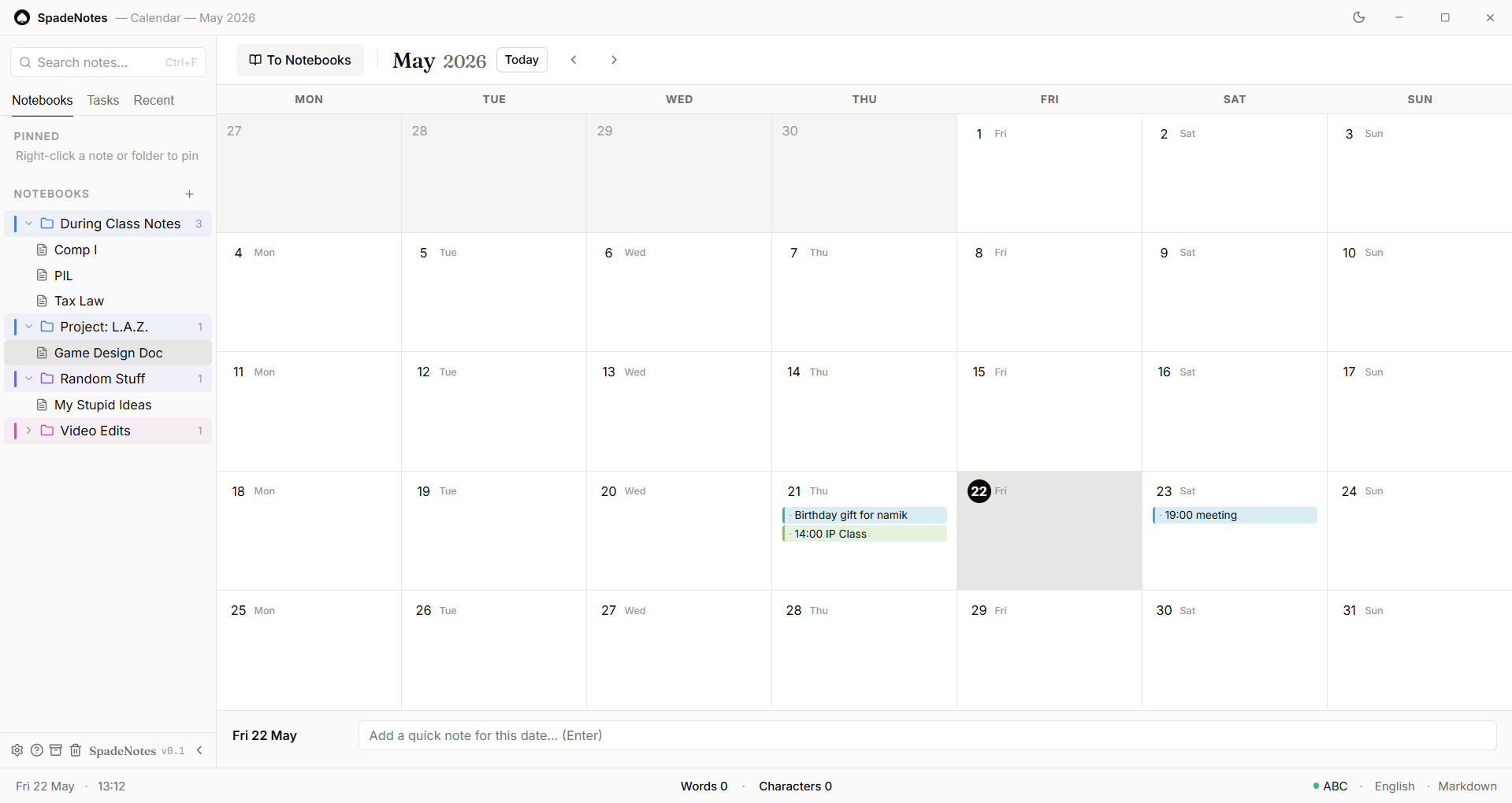SpadeNotes Calendar