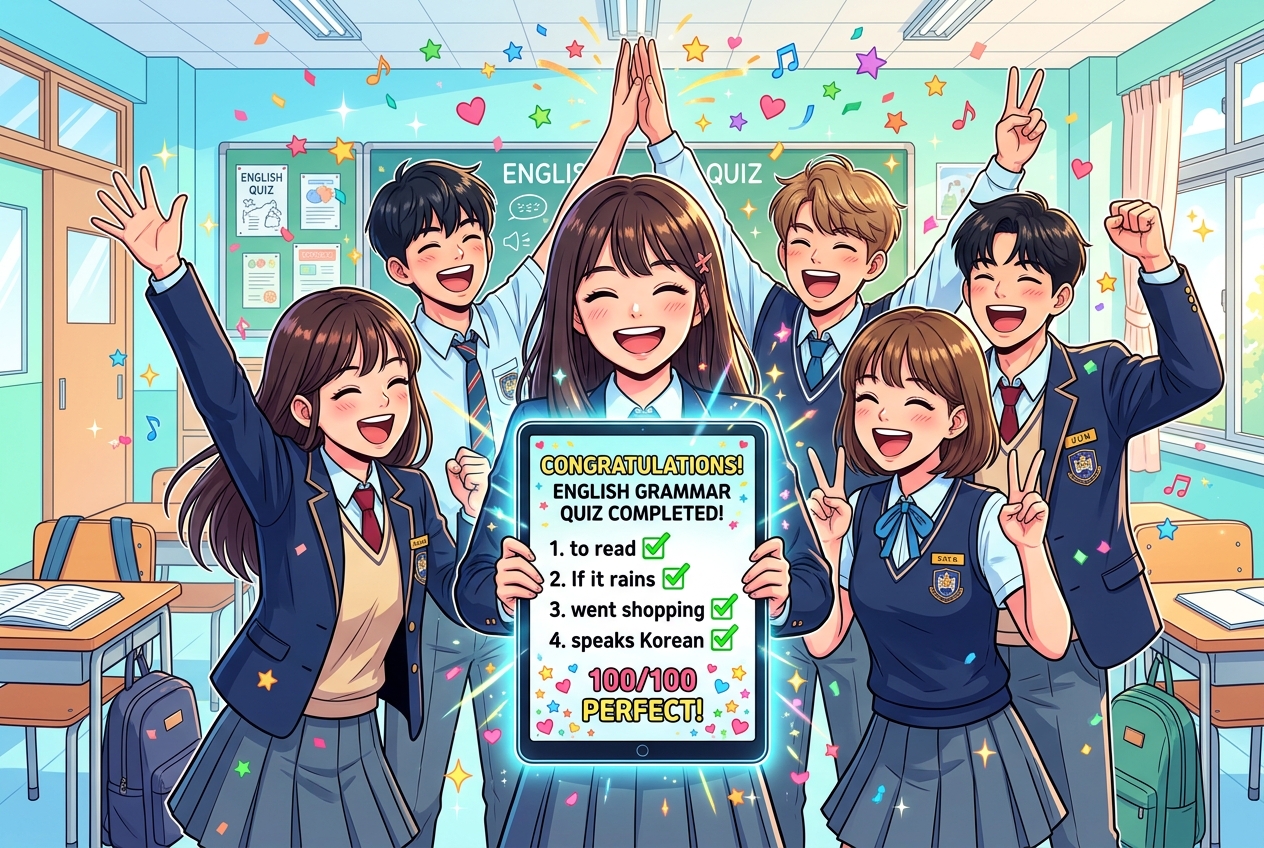 워크시트 완성 후 기뻐하는 학생들