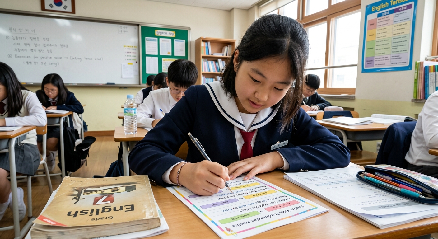 수동태 변환 연습 워크시트 공부하는 학생