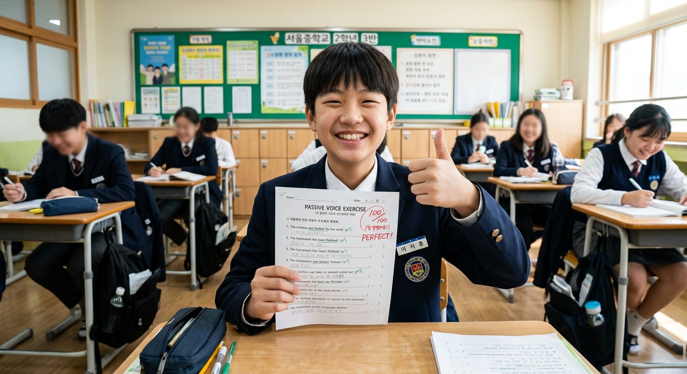 수동태 워크시트 완성 후 기뻐하는 학생