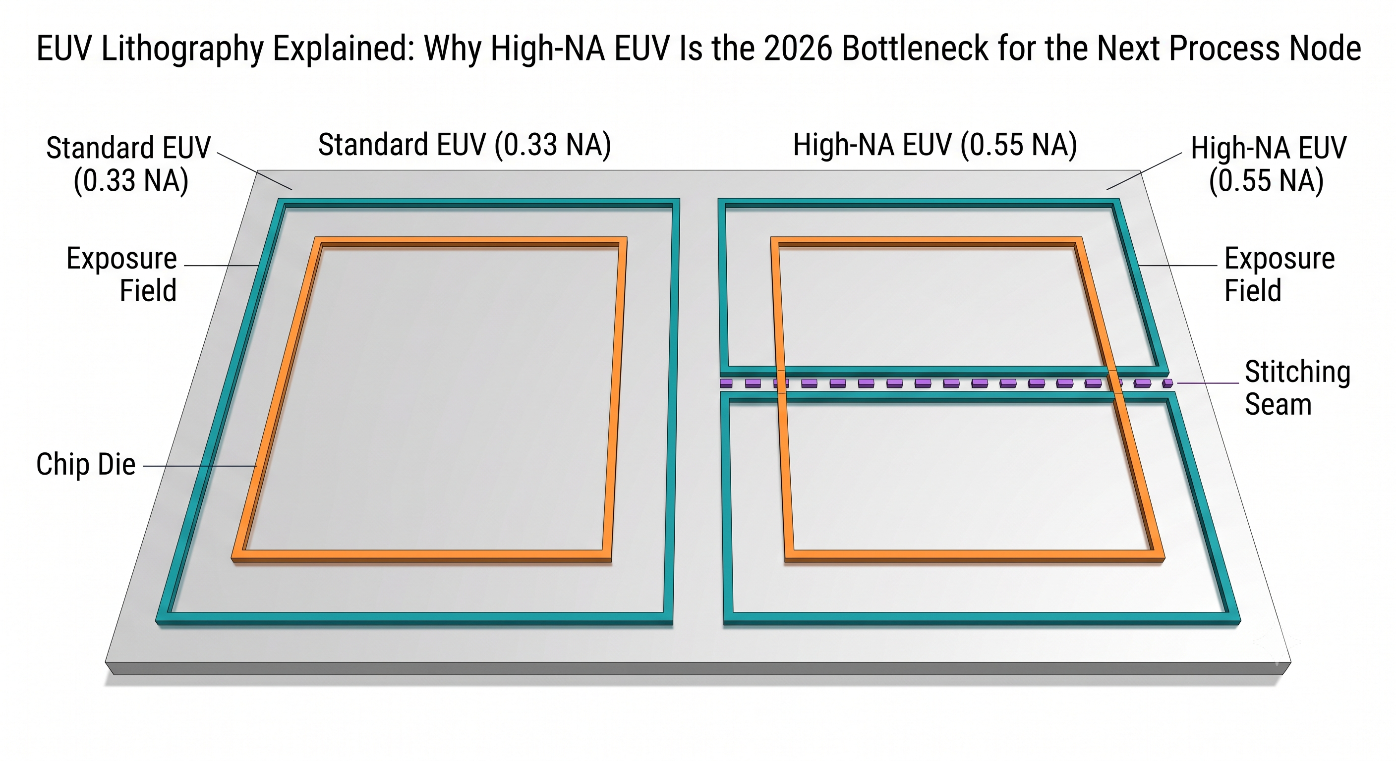 Top-down diagram comparing standard EUV lithography, where a large exposure field fully covers a chip die in one piece, against High-NA EUV, where the exposure field is roughly half the size and the same die must be split across two exposures joined at a stitching seam.