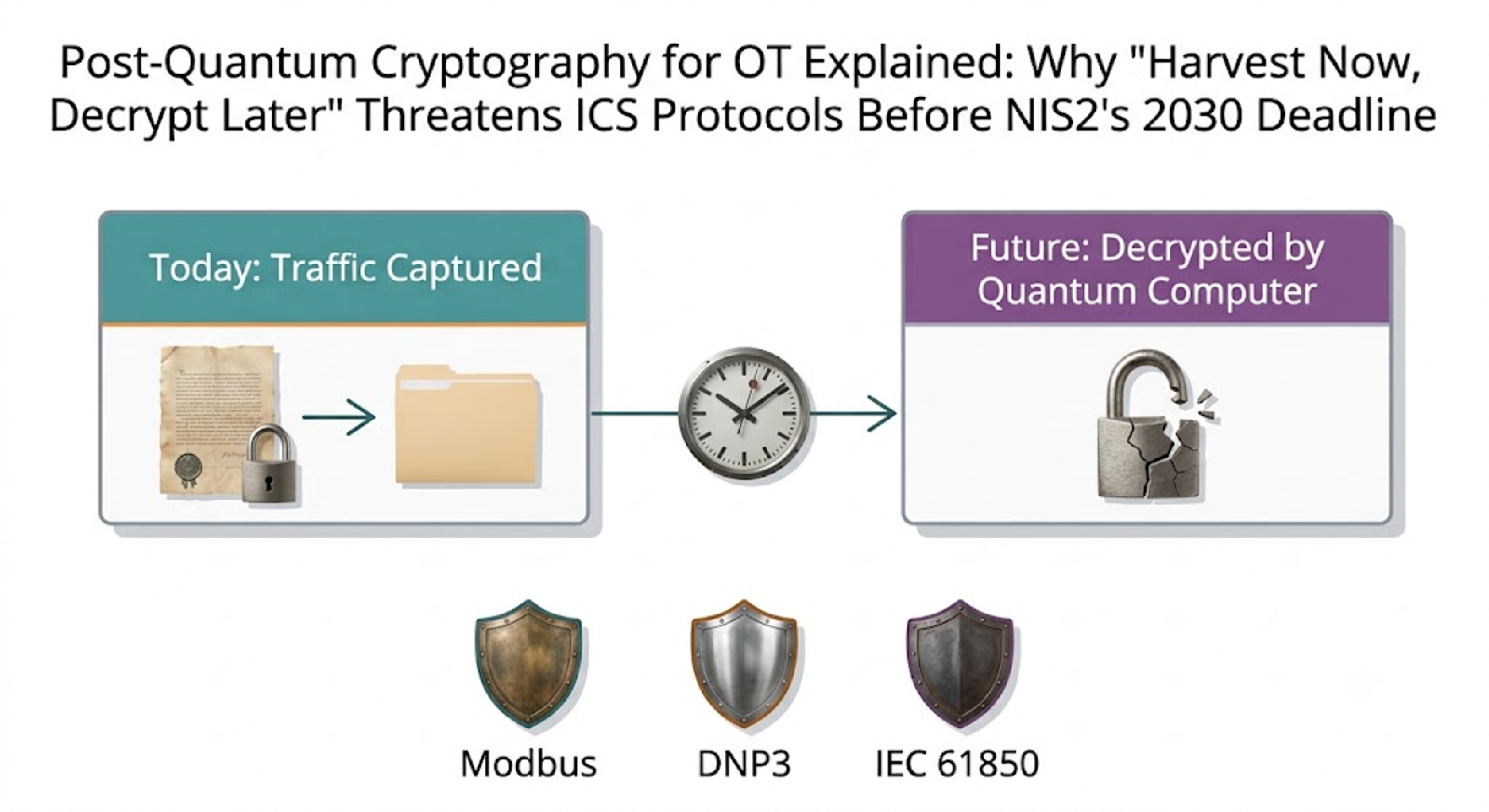 Diagram of the harvest-now-decrypt-later threat timeline: OT traffic captured and stored today with a padlock icon, decrypted later by a future quantum computer, shown above three unencrypted-by-default ICS protocols — Modbus, DNP3, and IEC 61850.