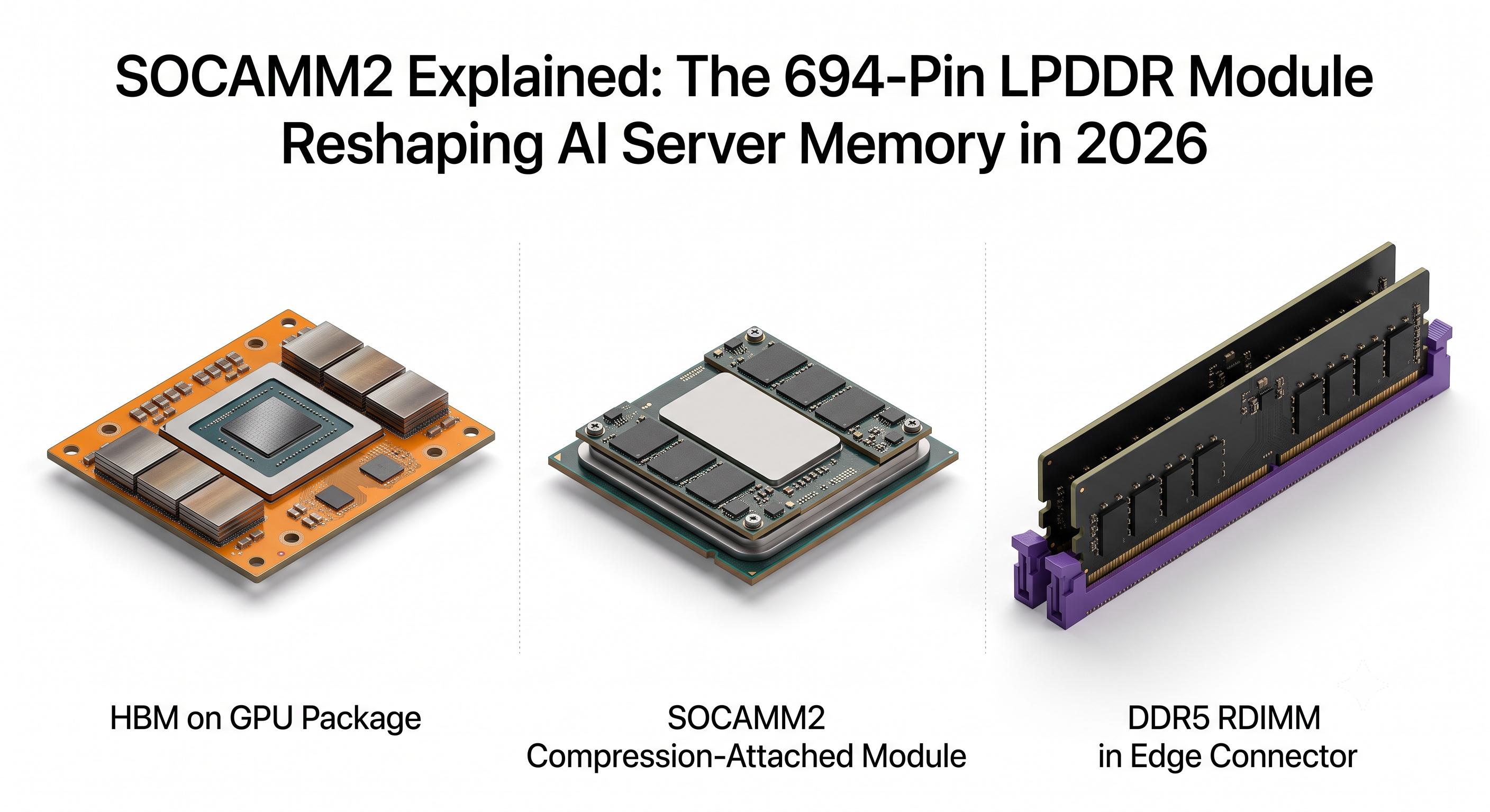 Cutaway view of an AI server board showing three memory attach points side by side: stacked HBM dies on the GPU package over an interposer, flat screw-retained SOCAMM2 compression-attached LPDDR modules lying against the board beside the CPU, and conventional DDR5 RDIMM sticks standing upright in edge-connector slots.
